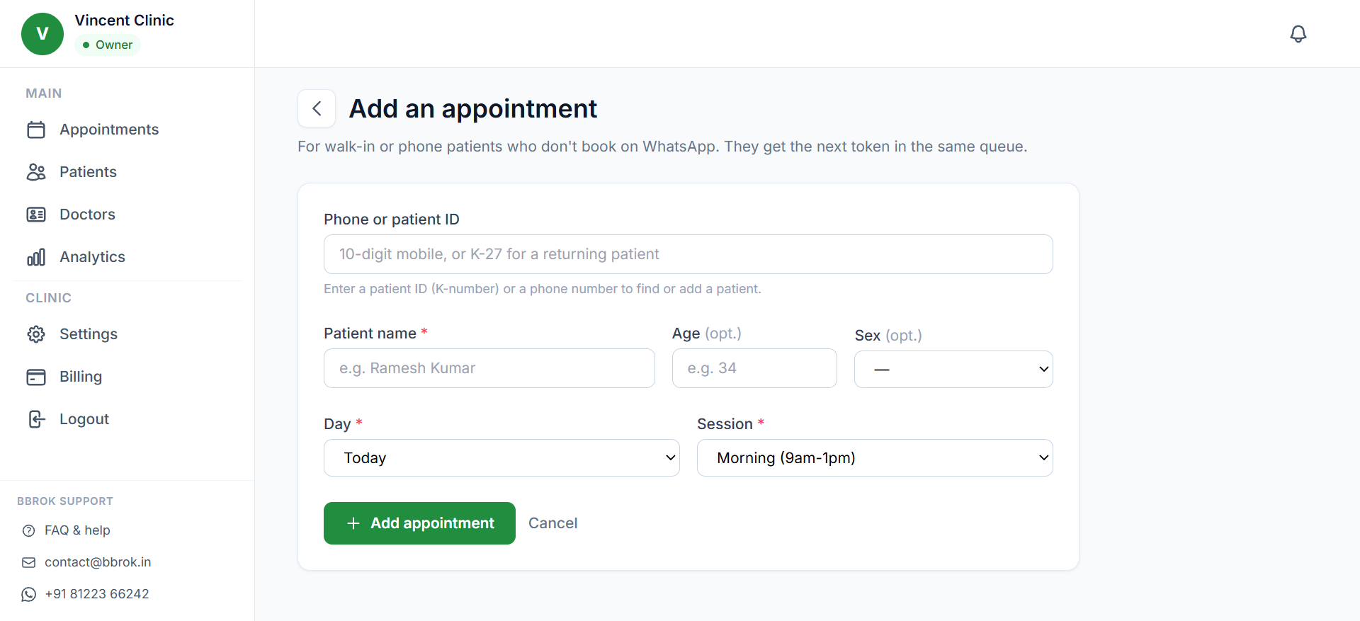 Bbrok dashboard — Add appointment