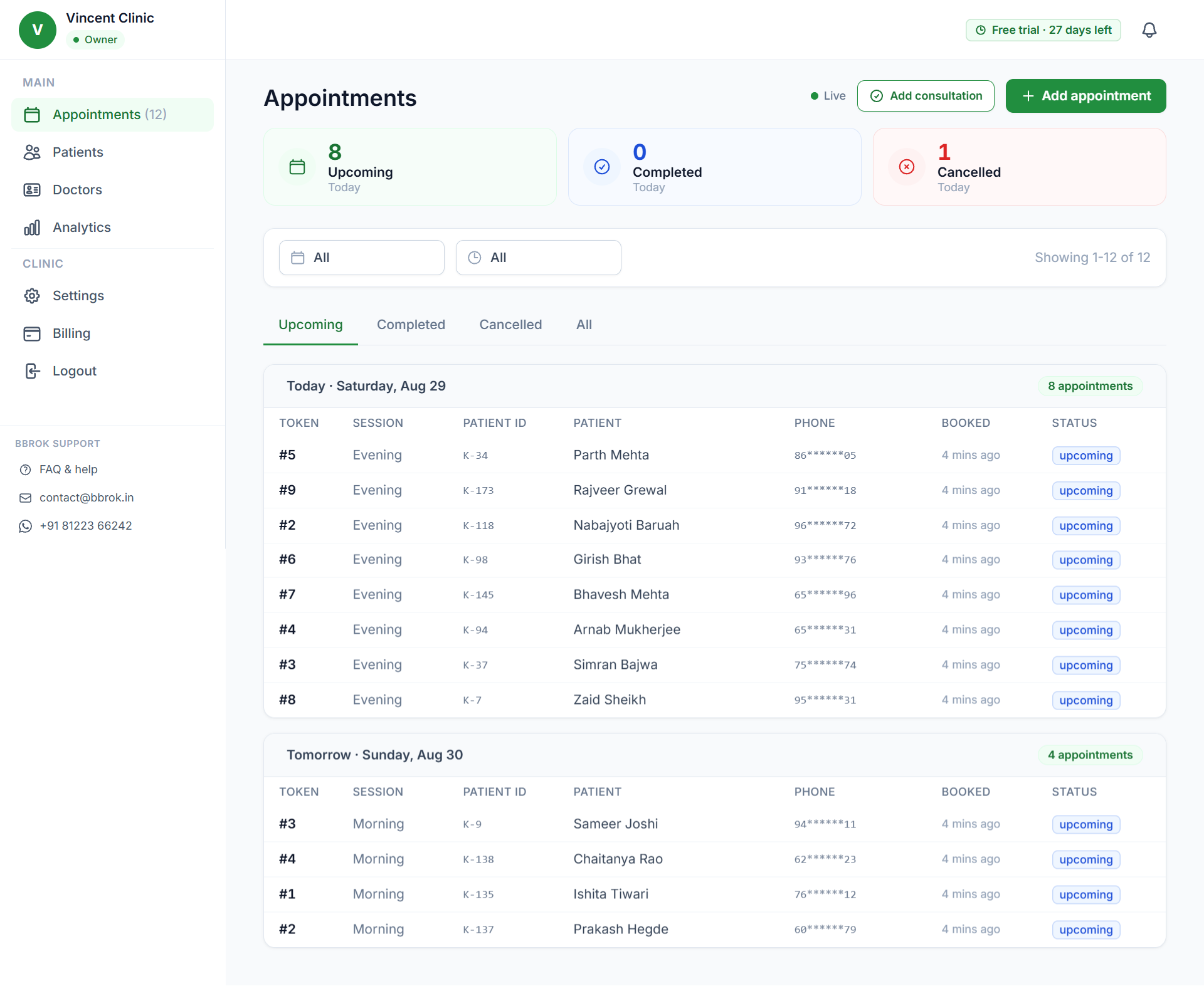 Bbrok dashboard — Appointments