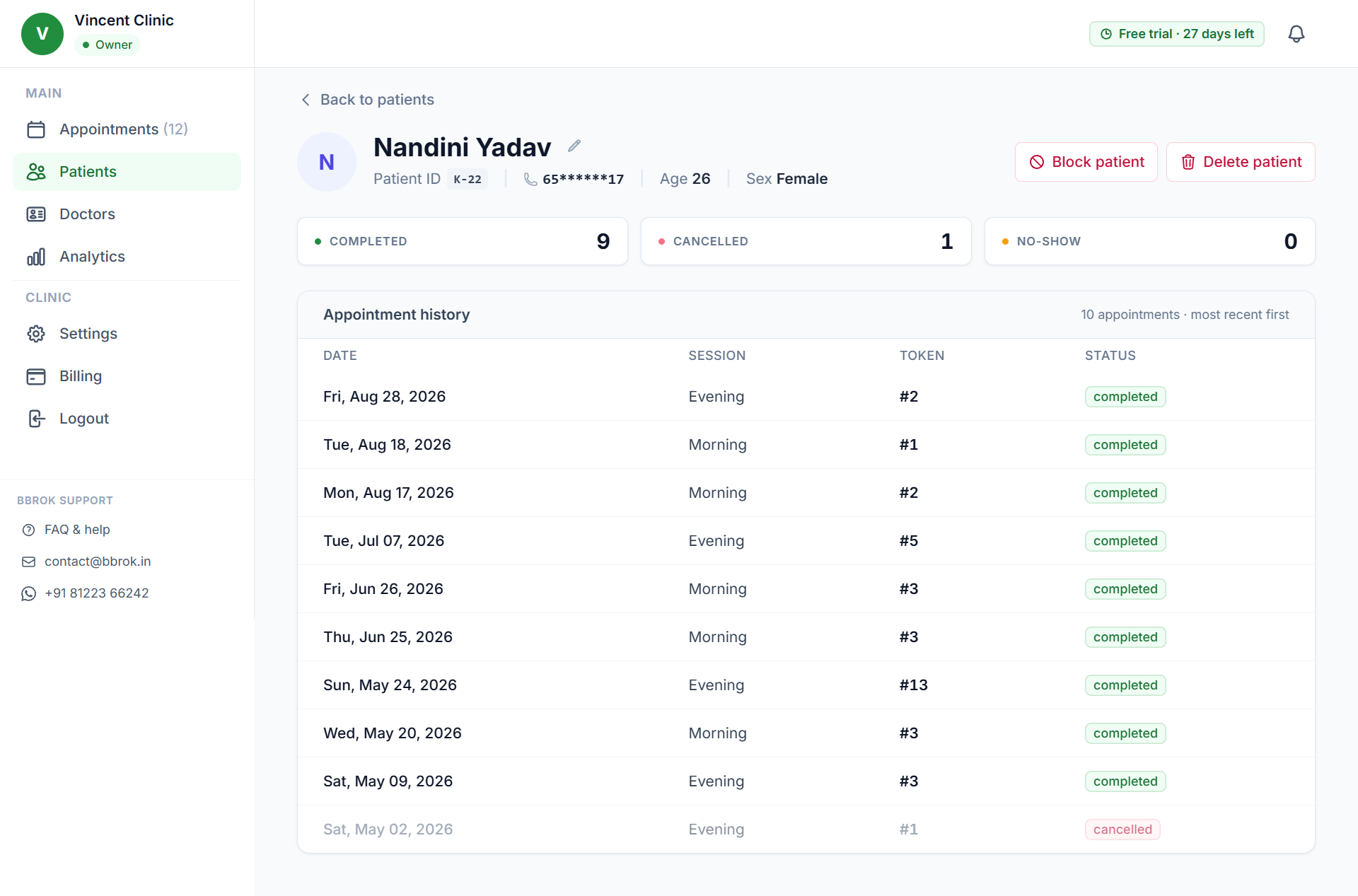 Bbrok dashboard — Patient history