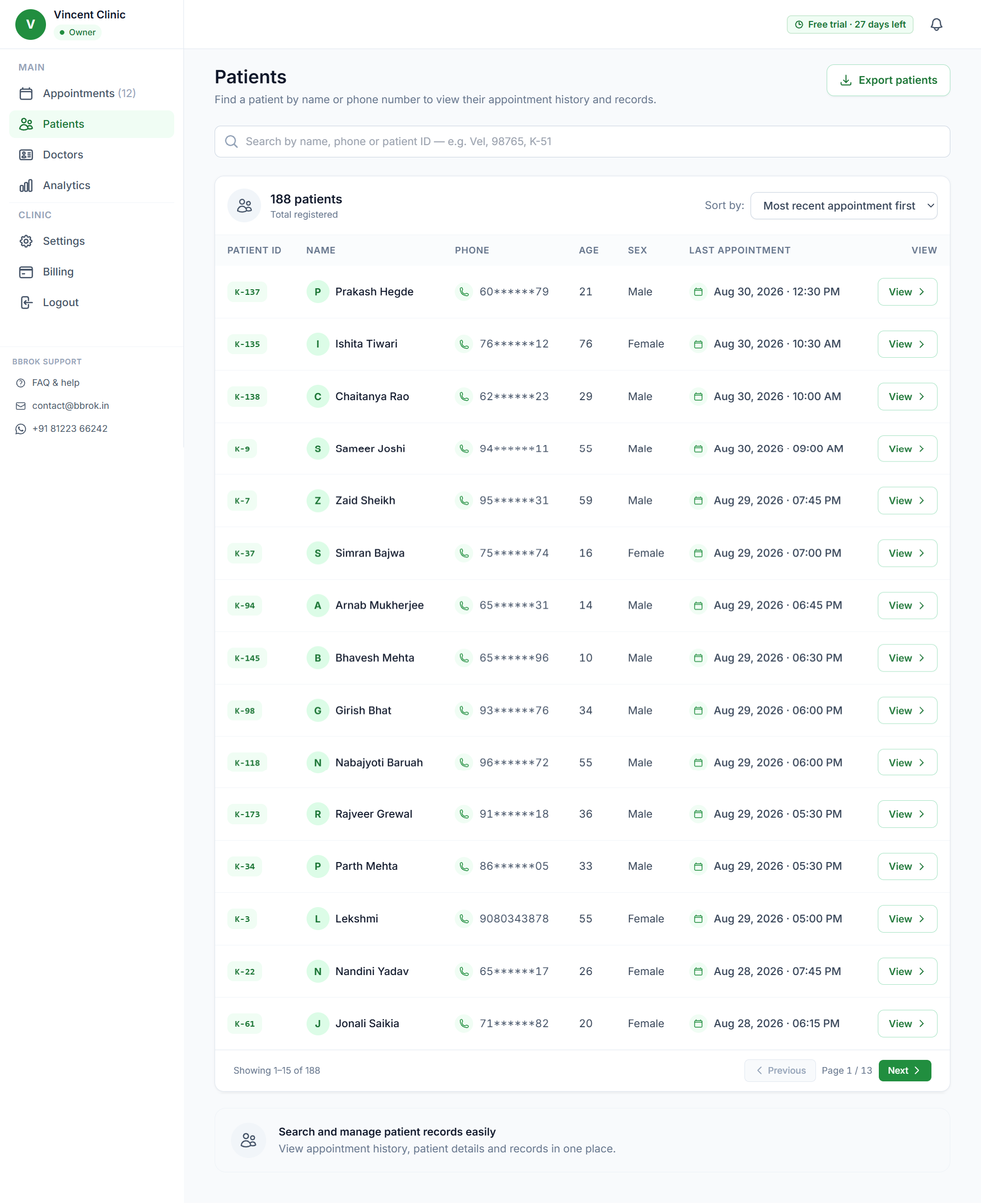 Bbrok dashboard — Patients